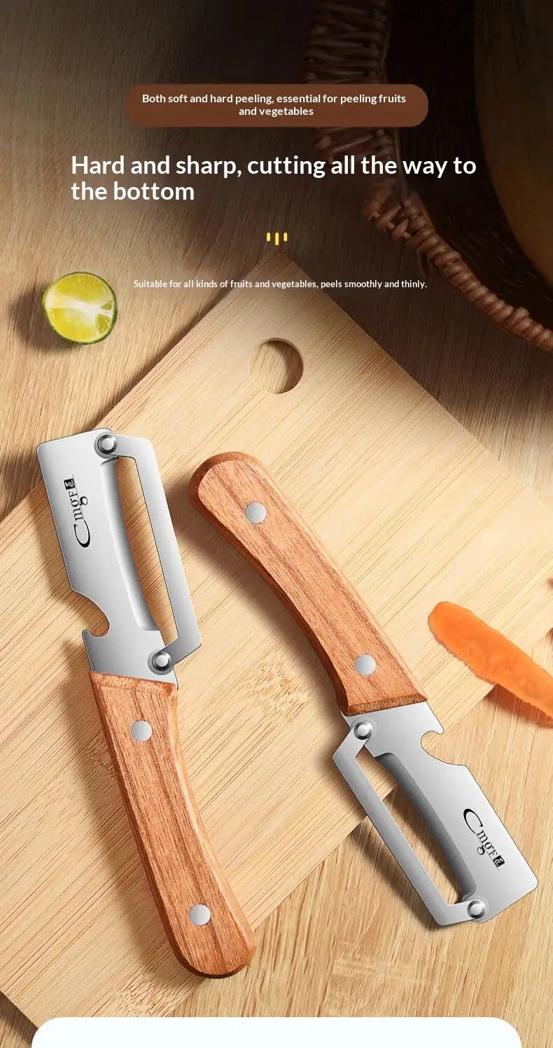 Stainless steel vegetable peeler with folding design and wood handle in silver and natural wood colors branded cinga.