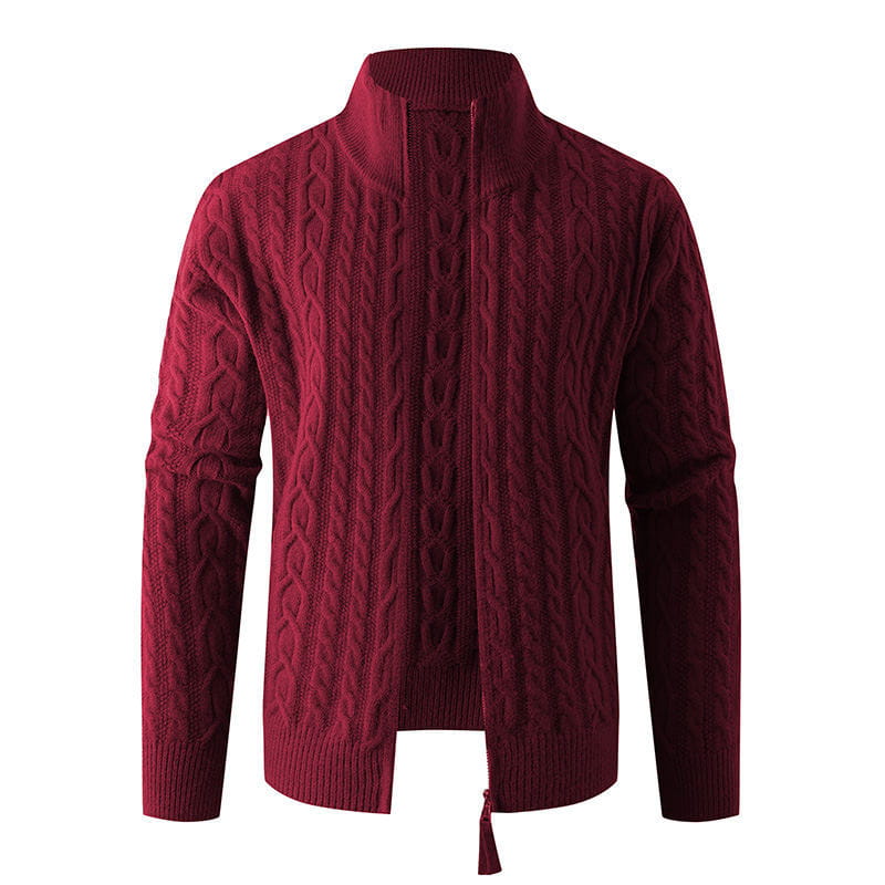 Men thick half zip cable knit sweater in rich maroon featuring a high collar ribbed cuffs and a zip-up front.