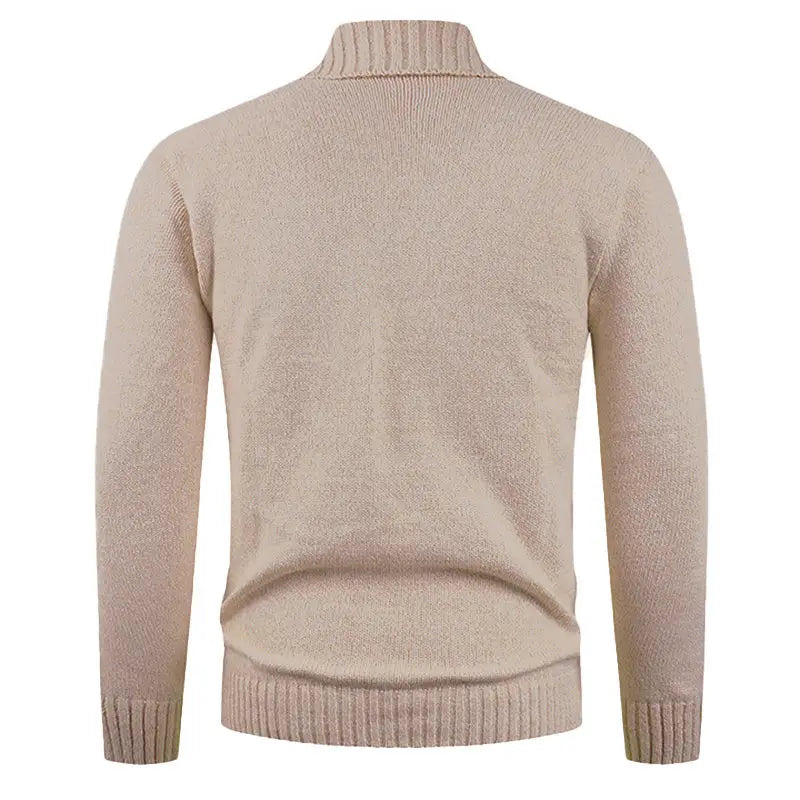 beige men’s double-breasted knit cardigan featuring a turtleneck sweater design with ribbed cuffs and hem.