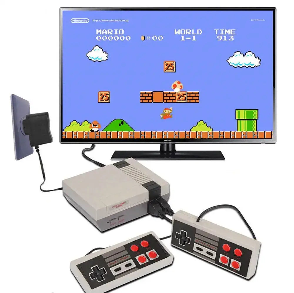 Gray and black 620 Retro Video Game Console with red buttons and classic Nintendo Entertainment System style controllers included.