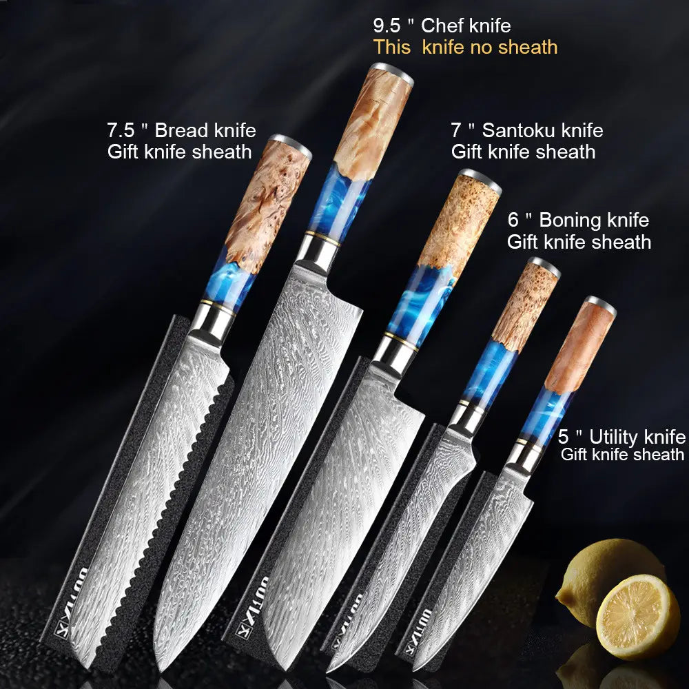 Set de cinco cuchillos de chef de acero damasco de alta calidad con mangos de resina azul y madera, con longitudes de hoja de 5 a 9,5 pulgadas para tareas culinarias versátiles, del set de cuchillos de chef damasco con mango de resina azul de 7 piezas.