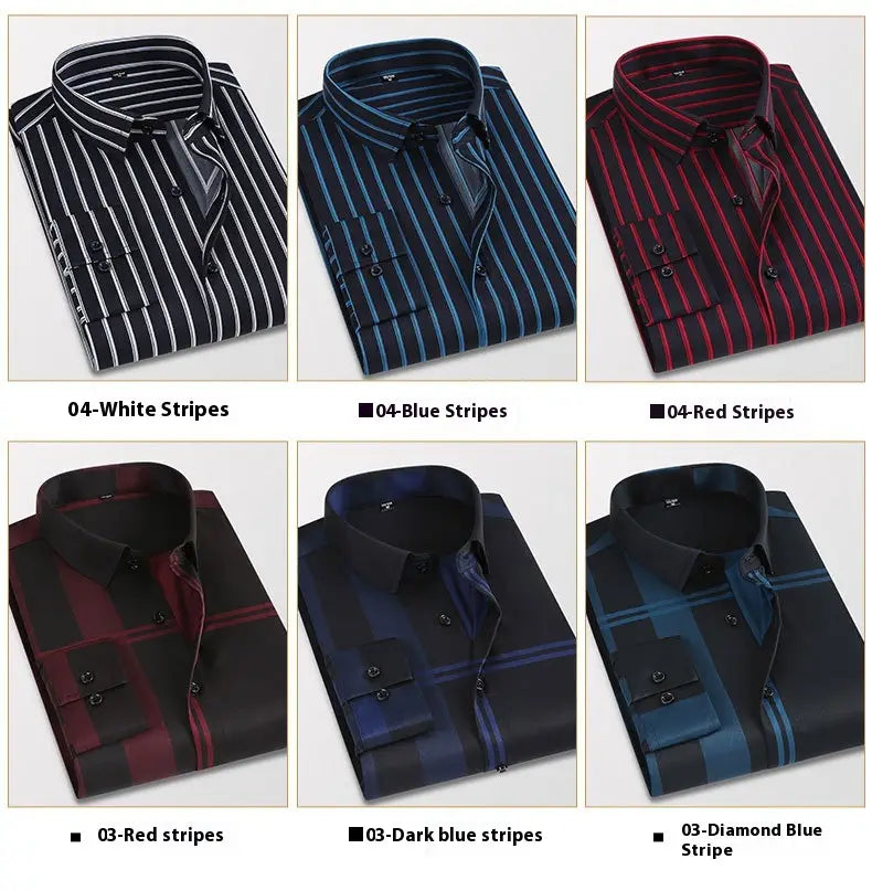 Eine Kollektion aus sechs Herren gestreiften Langarm-Slim-Fit-Dressshirts in verschiedenen Streifen- und Karomustern mit klaren, geknöpften Kragen, geknöpften Manschetten und einer eleganten, glatten Stoffausführung.