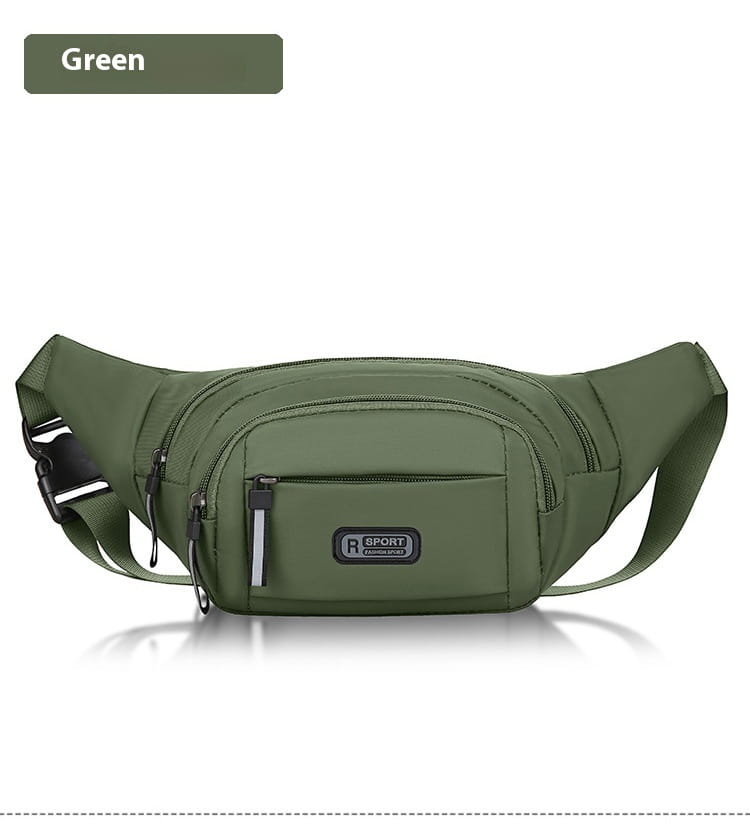 Men’s waterproof nylon multifunctional crossbody waist bag in olive green with rsport branding multiple zippered compartments and adjustable strap.