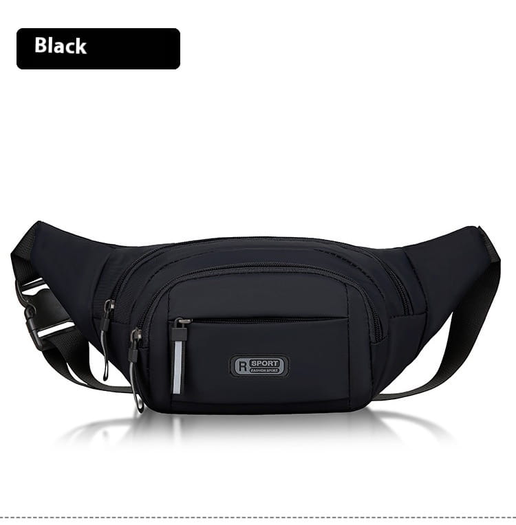 Men’s waterproof nylon multifunctional crossbody waist bag in black by r sport with multiple zippers and a reflective strip on the front pocket.
