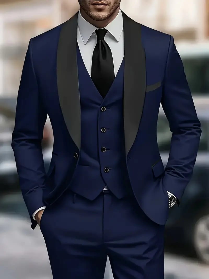 Smoking trois pièces à coupe ajustée bleu marine, avec revers en satin noir, présenté sur un mannequin.