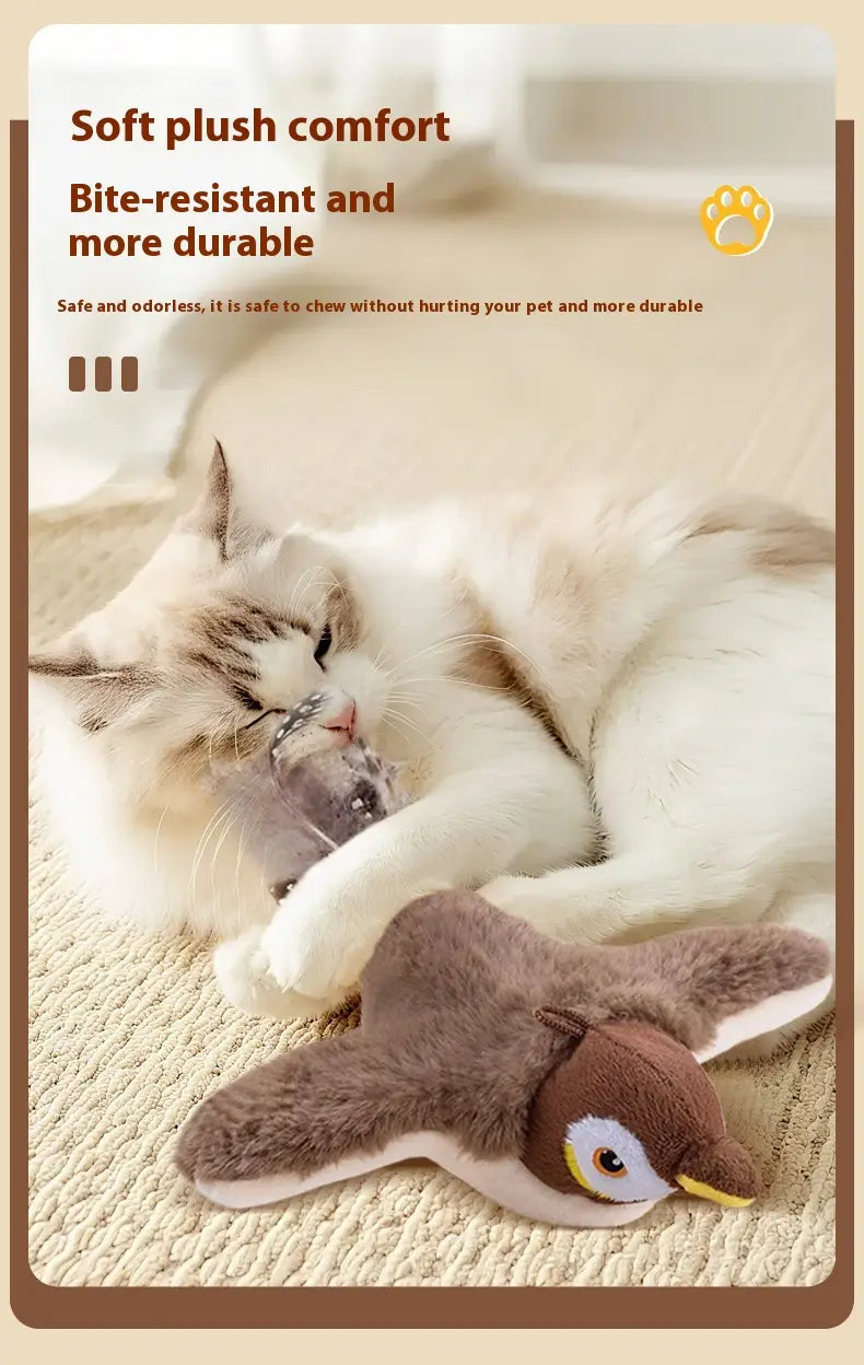 A plush brown and white penguin-shaped interactive bird cat toy made of soft fabric with automatic sounding feature.
