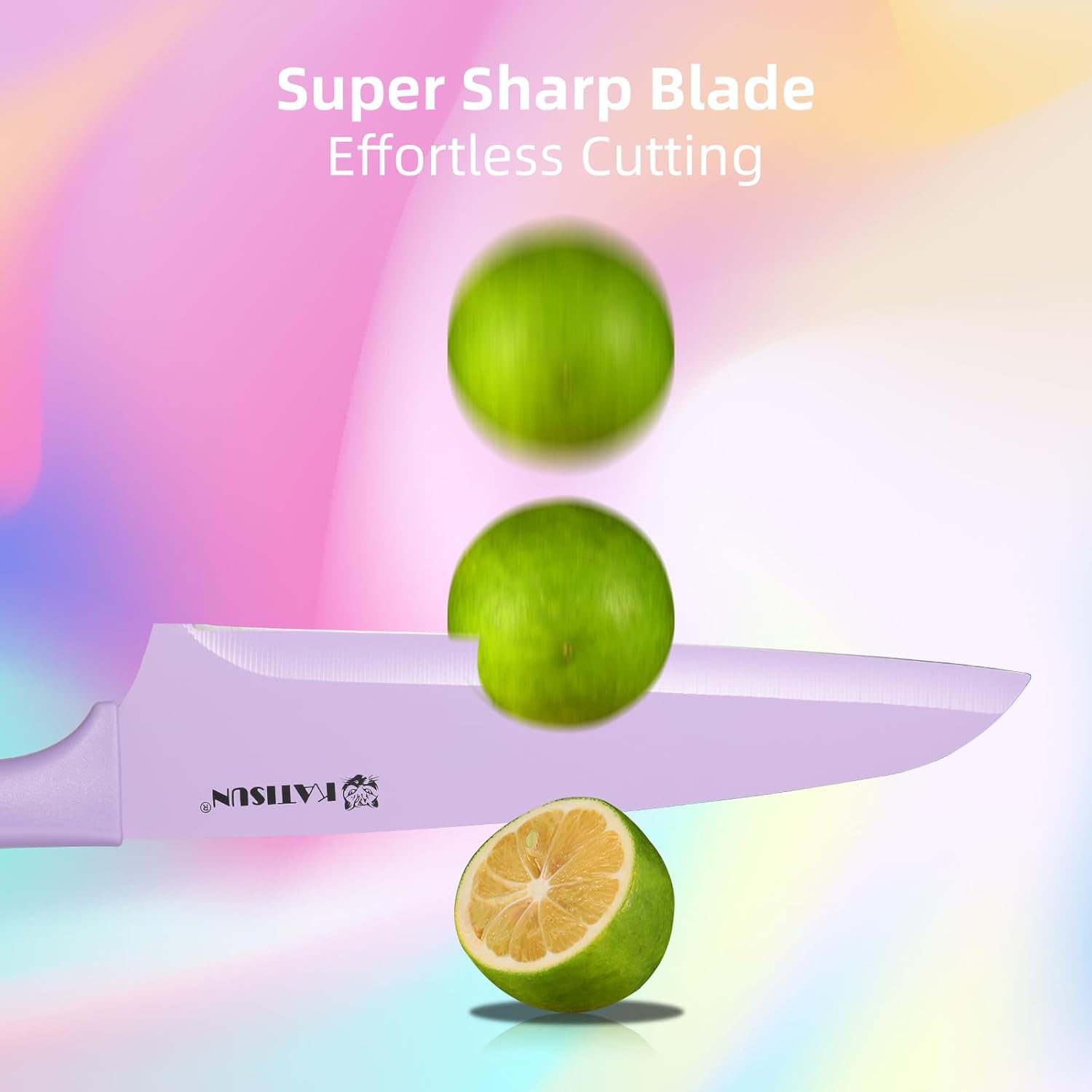 A sleek lavender-colored katsun kitchen knife with a super sharp blade from a 30 piece colorful knife set with cutting board.