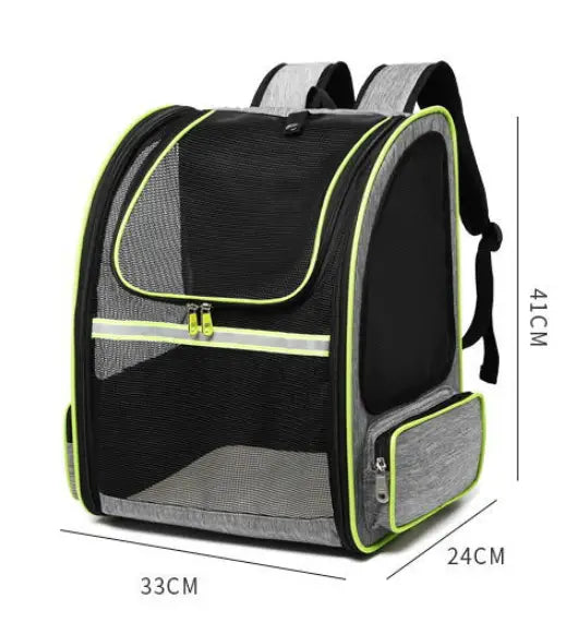 Breathable mesh pet carrier backpack in black and gray with neon green trim and reflective stripes shown from the back side.