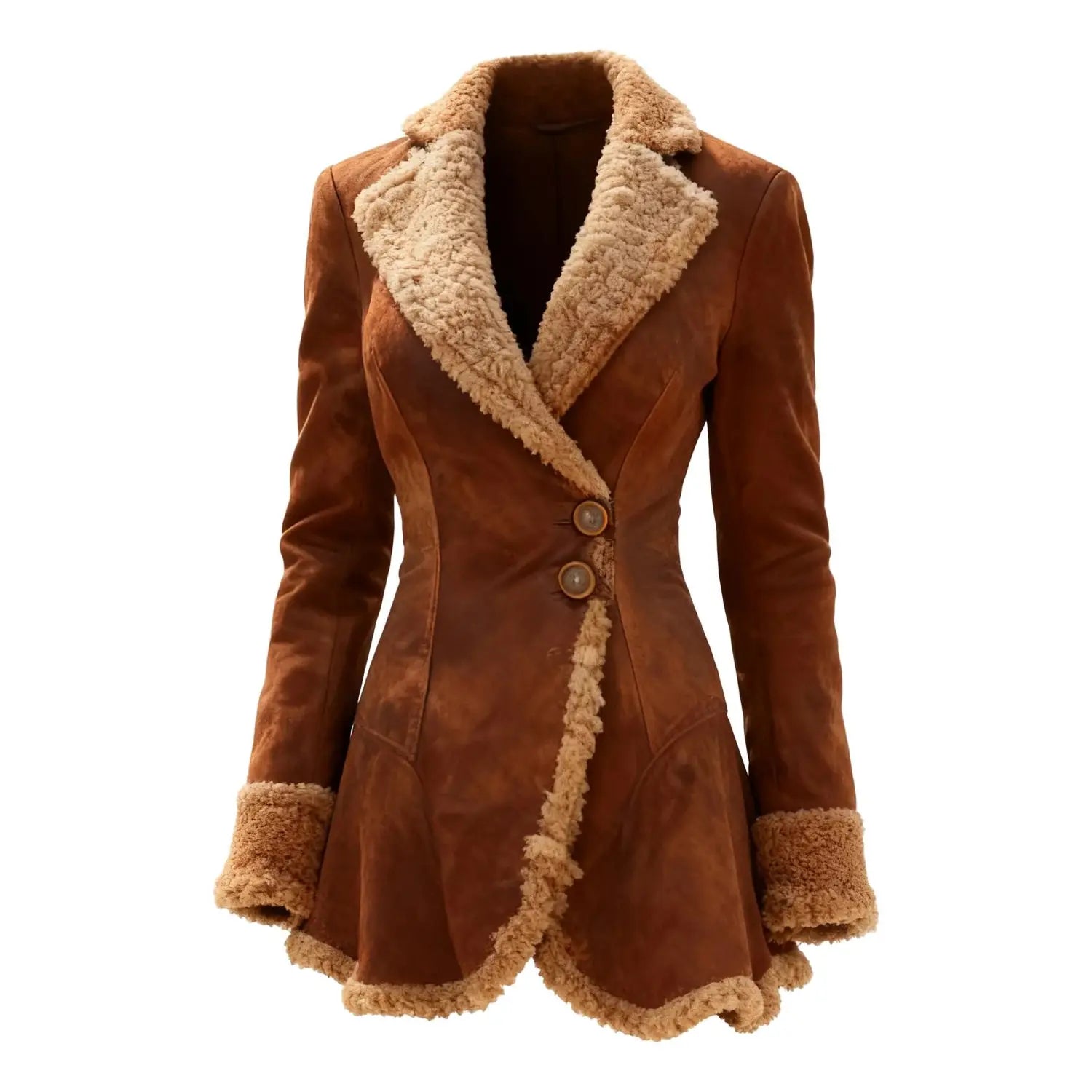 Brown suede fleece shearling jacket for women with thick tan shearling lining and cuffs.