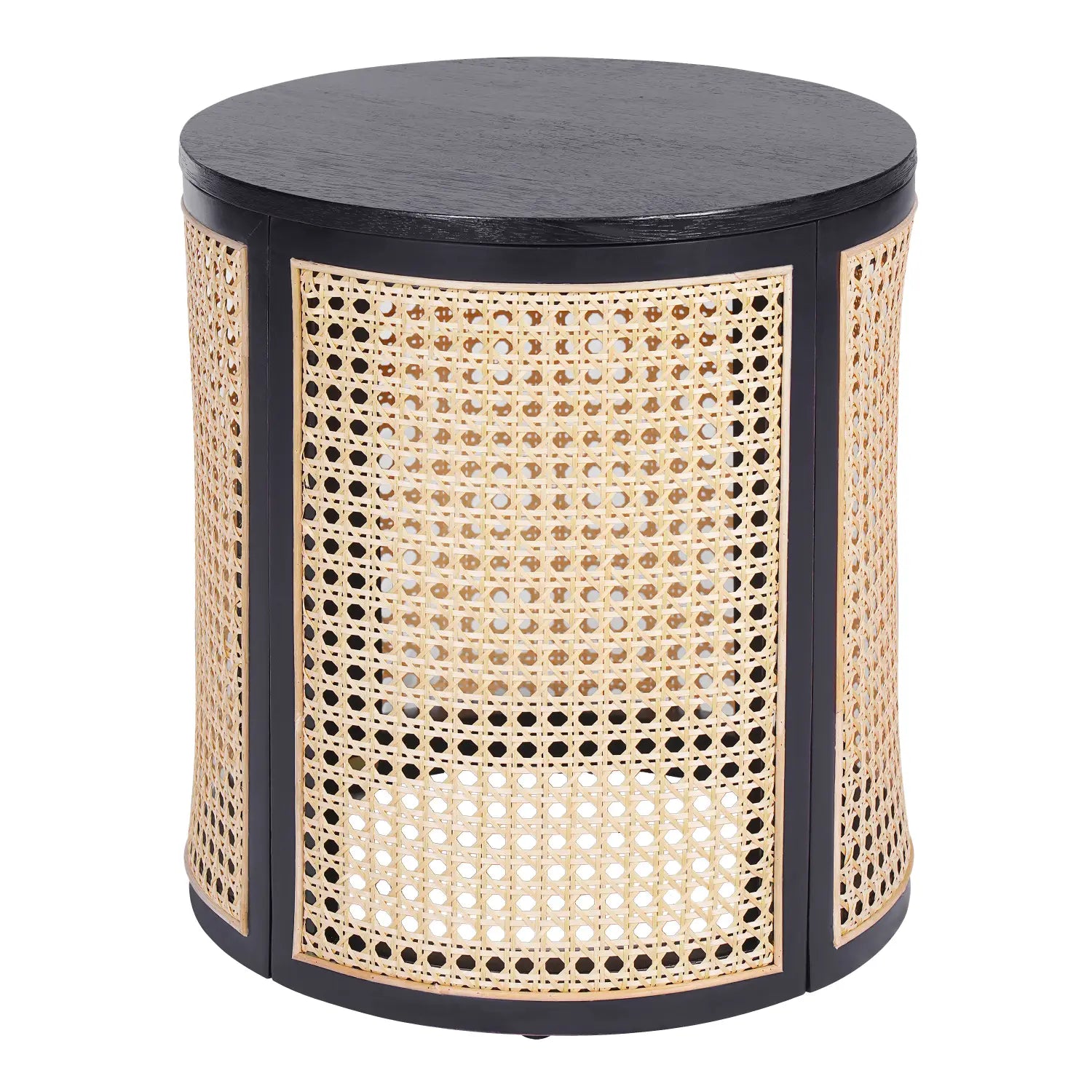 Black rattan end table with a black frame and natural cylindrical cane weave pattern suitable as a round woven wood nightstand.