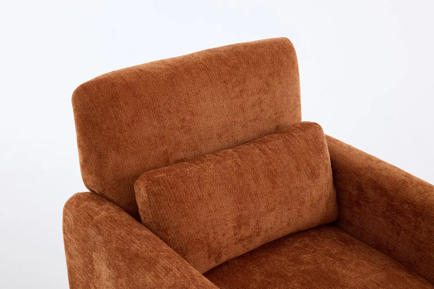Moderner Bouclé-Akzent-Sessel, gepolstert in Orange-Sofaoptik, mit einem warm terrakottafarbenen Armsessel aus plüschiger, strukturierter Polsterung.