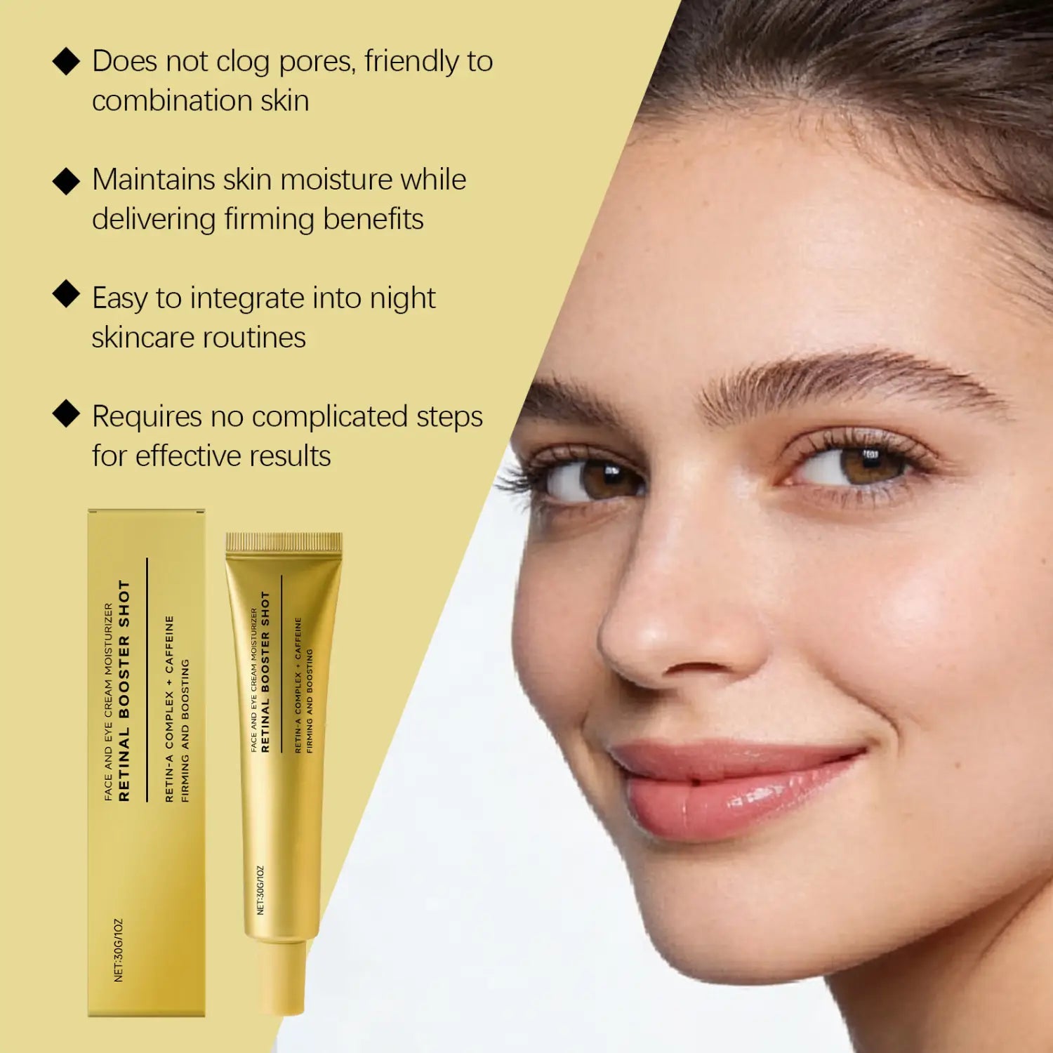 Tube doré de crème raffermissante à la rétinol, booster doré, hydratant pour les yeux et le visage, présenté sur fond blanc.