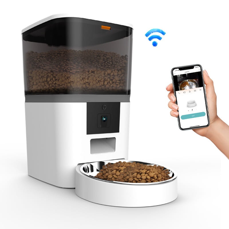 Intelligenter Futterautomat für Haustiere mit Kamera- und Videoüberwachung in Weiß und Schwarz: transparente Futtermulde, Edelstahlnapf und WLAN-Konnektivität.