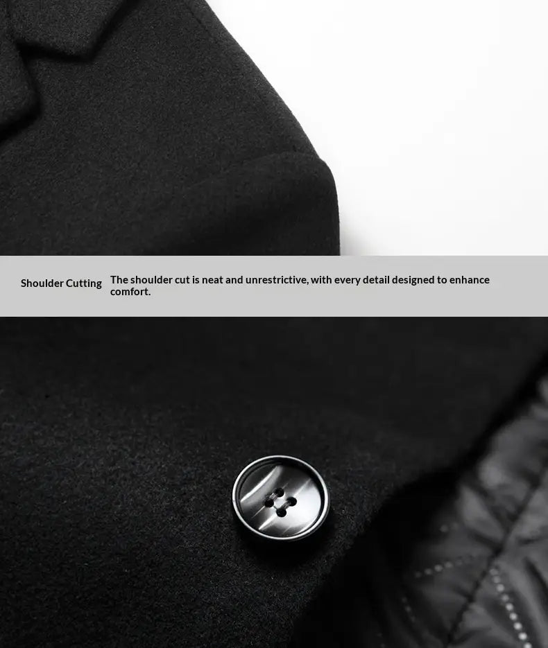 Black wool overcoat for men featuring a warm winter jacket design with silver four-hole buttons.