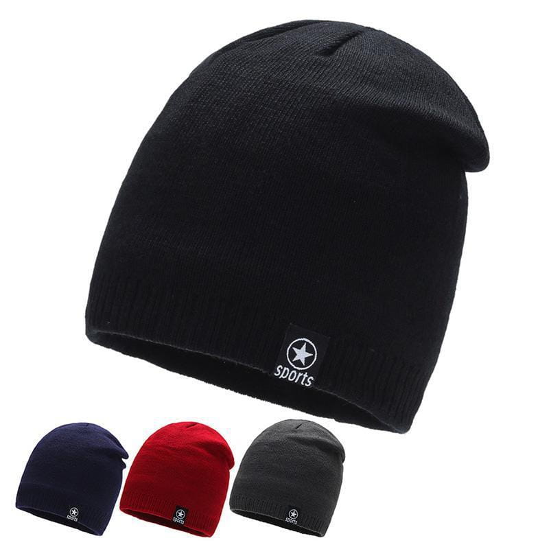 Men’s fleece lined thermal black knitted beanie hat with a small white star and sports logo patch on the front.