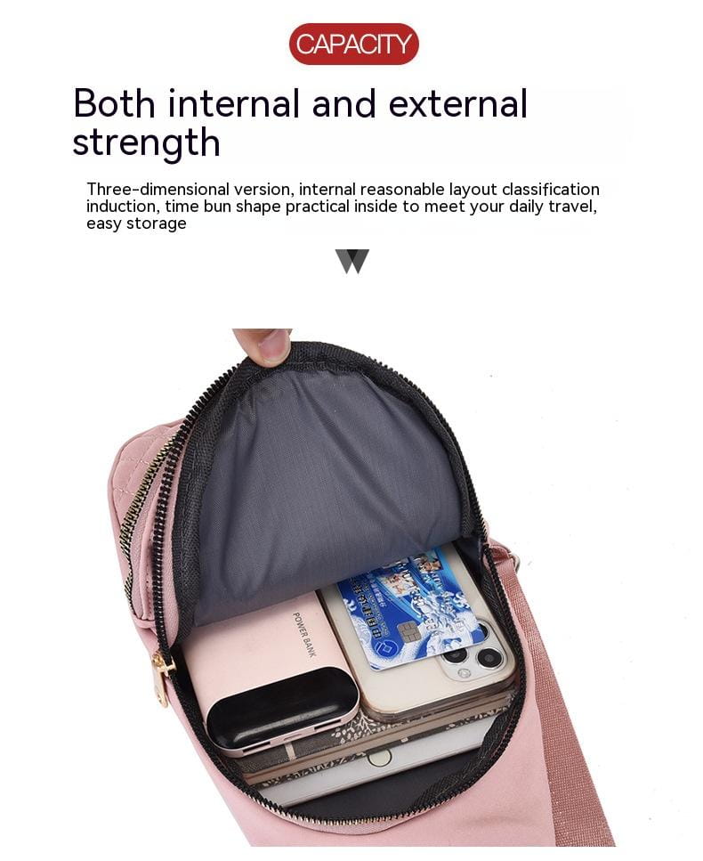 Pink quilted crossbody slanted chest bag for women with black zipper and interior compartments.