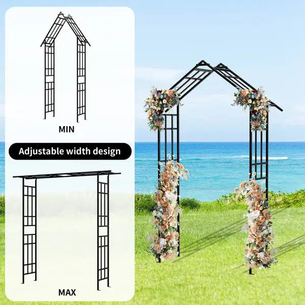 Black metal garden arch with adjustable width design adorned with floral arrangements for outdoor decor