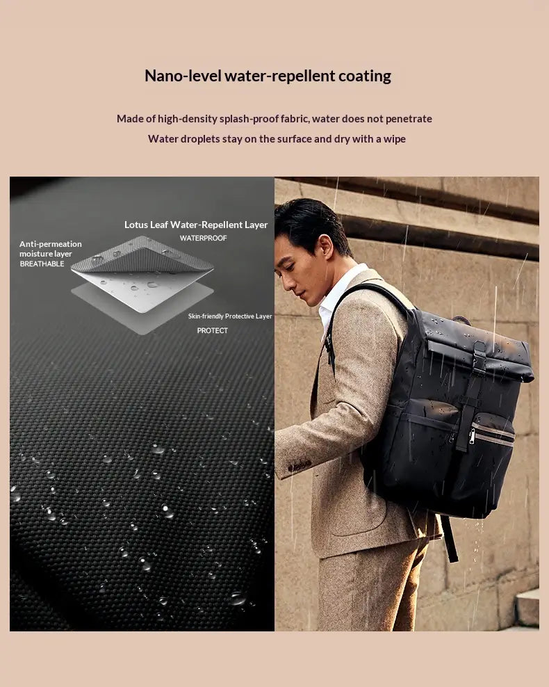 Black high-density splash-proof Roll Top business backpack with nano-level water-repellent coating and lotus leaf-inspired waterproof layer designed for water resistance and 25-liter capacity.