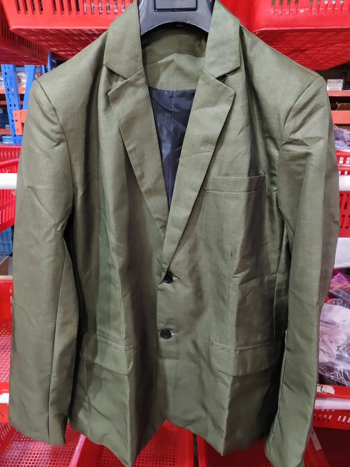 Men plaid blazer slim fit british style jacket in olive green with a structured fit, two front buttons, and flap pockets.