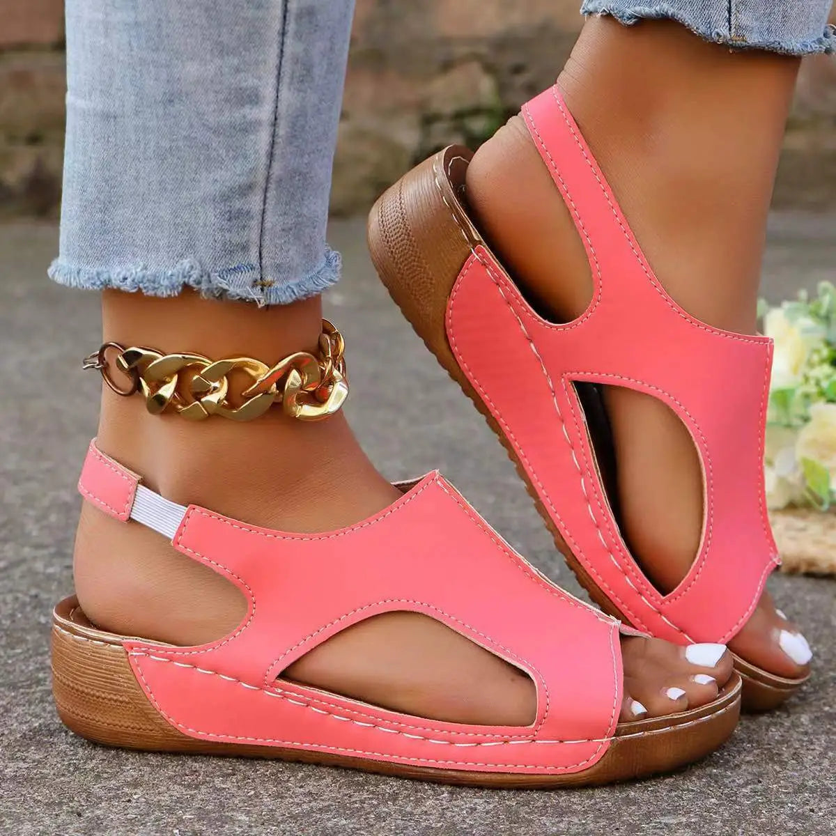 Tan recycled leather wedge sandals for women with elastic straps cutout details and white stitching for summer wear