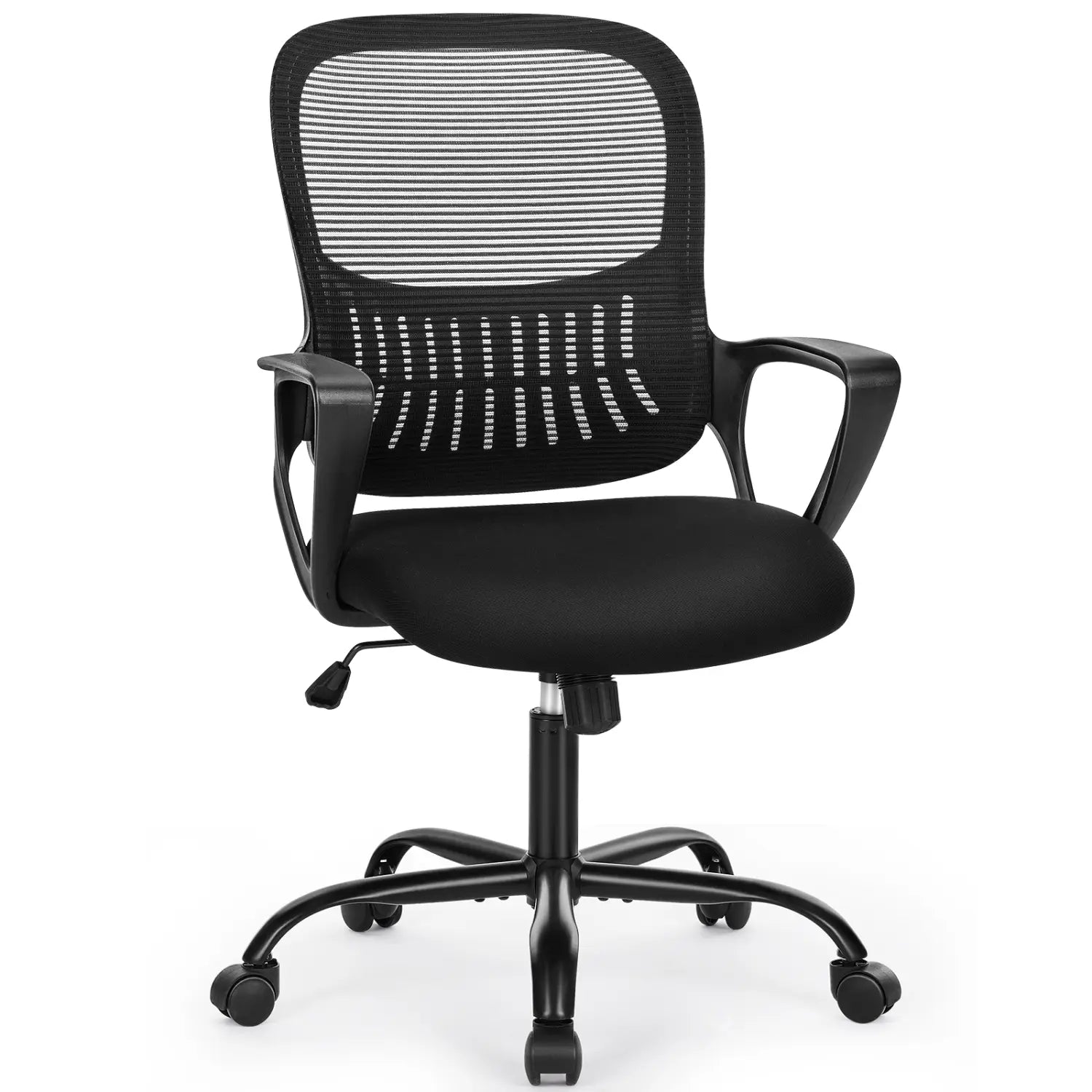 Chaise de dessin ergonomique à hauteur élevée, tabouret pour bureau debout, avec dossier en maille noire, assise rembourrée, accoudoirs et piètement cinq étoiles avec roulettes.
