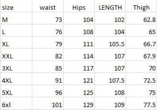 A size chart for men ice silk business casual pants displaying waist hips length and thigh measurements in inches for sizes from M to 6XL.