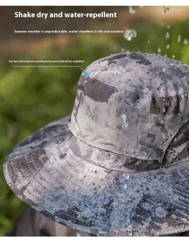gray camouflage-patterned solar fan bucket hat with wide brim and water-resistant surface designed for outdoor sun protection