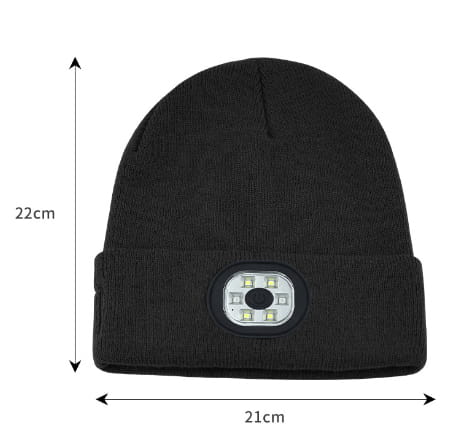 Black knitted beanie hat with a circular led light panel on the front featuring bluetooth connectivity, rechargeable battery, and washable material.