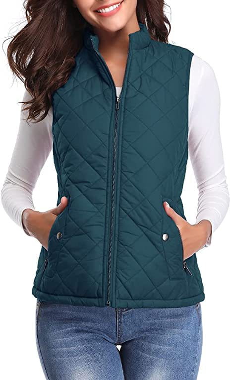 Chaleco acolchado de algodón turquesa oscuro para mujer con cremallera de longitud completa, cuello alto y dos bolsillos delanteros.