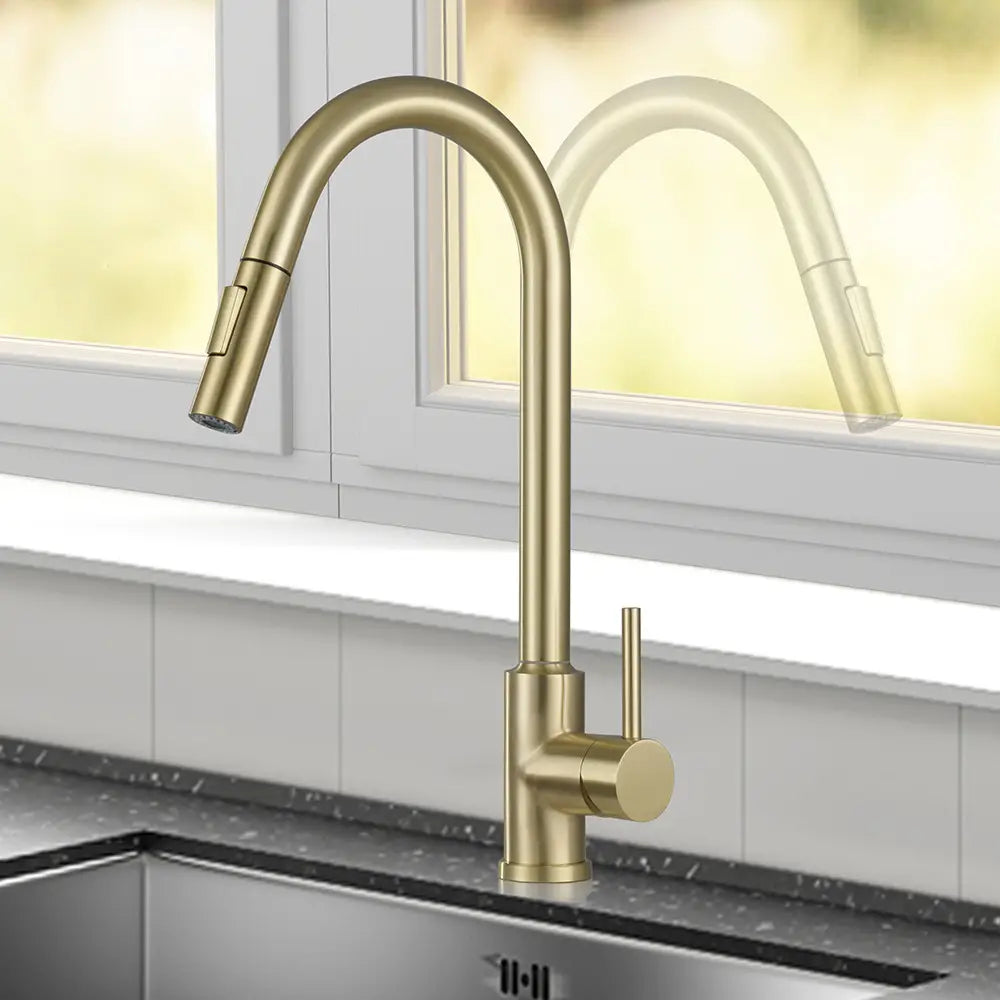 gold-toned modern kitchen faucet with a sleek curved spout and pull-down spray head for convenient use in the golden smart touch pull out kitchen faucet collection.