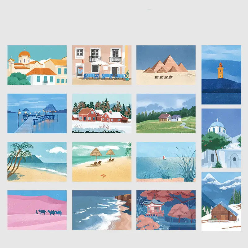 a collection of twelve illustrated travel diary winter postcards featuring distinct scenic landscapes and architectural landmarks in a soft watercolor style for wall decor 15 pack