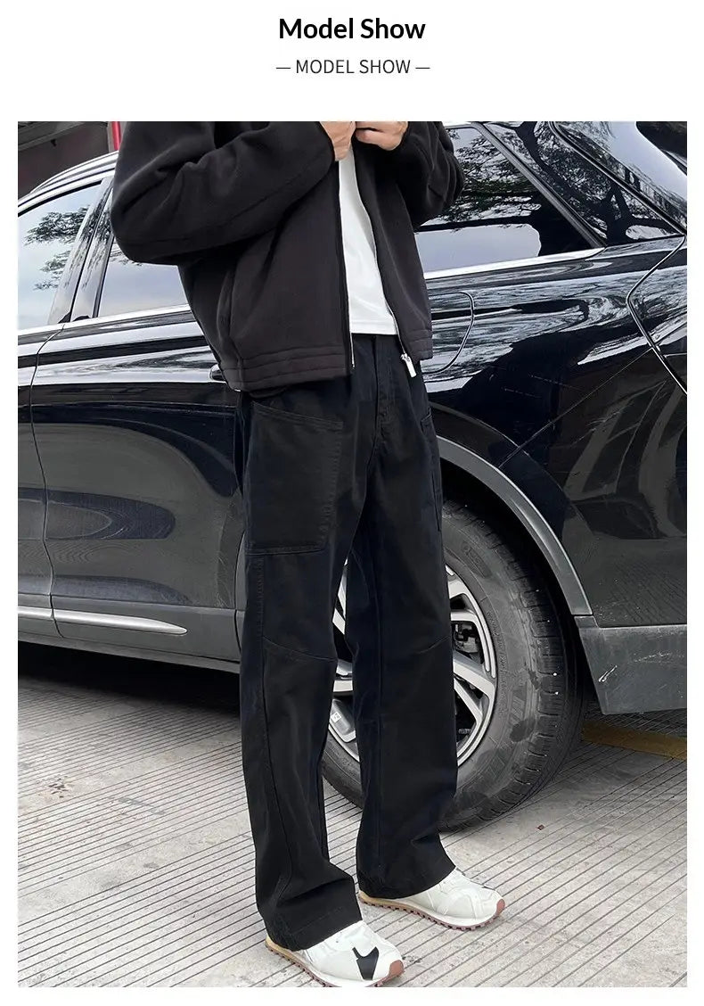 black cotton cargo pants for men featuring reinforced patch pockets and a straight-leg cut suitable for workwear