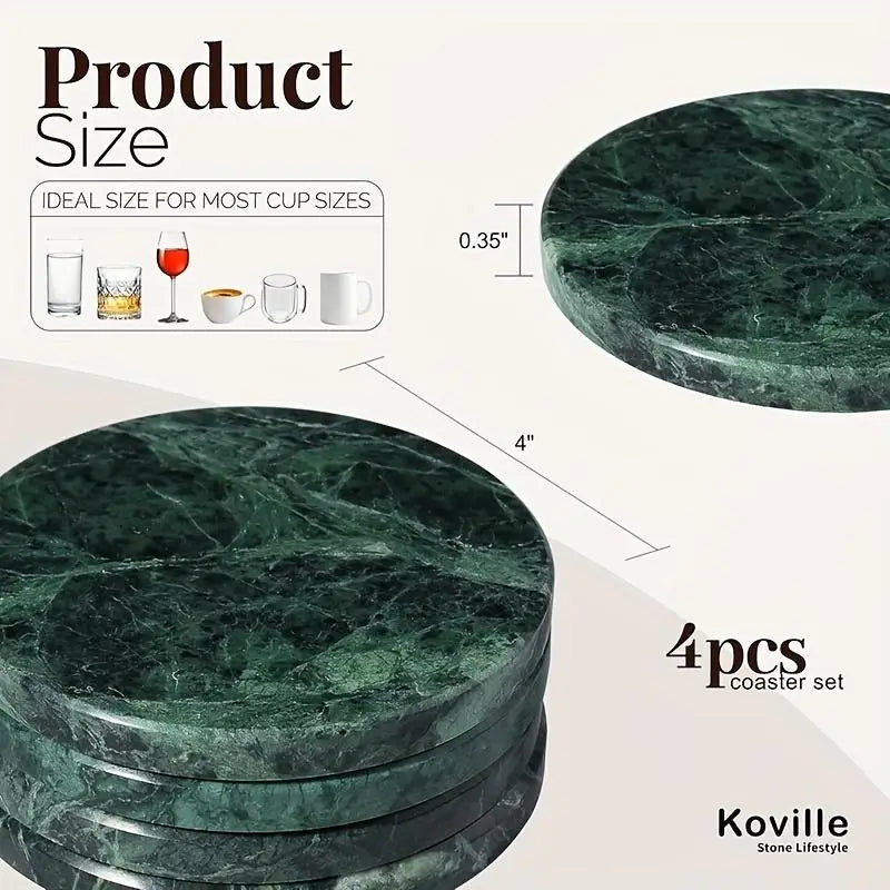 Set of four round green marble coasters with smooth polished surfaces and natural veining made of stone pads.
