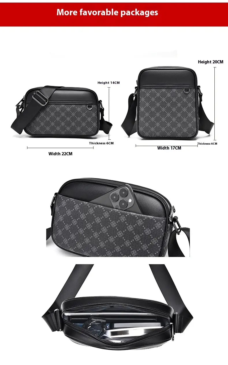Black crossbody bag with subtle gray geometric pattern and adjustable strap featured as a men’s leather business travel backpack with laptop sleeve.