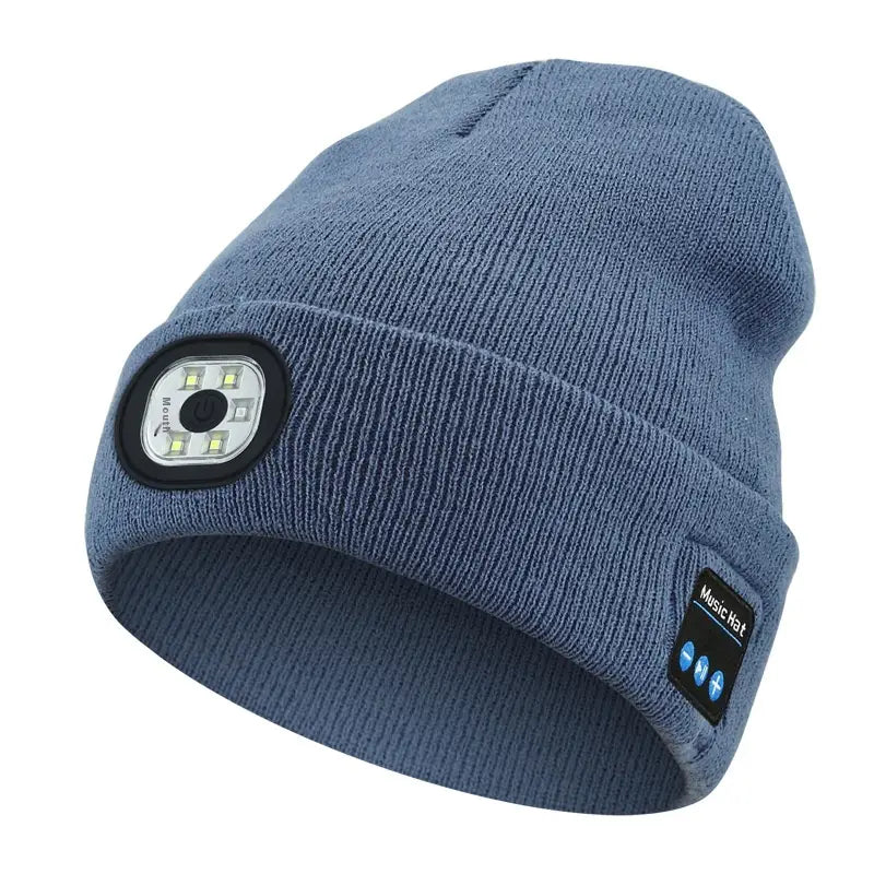 blue knitted beanie with built-in led light and bluetooth speaker is rechargeable and washable for convenient use