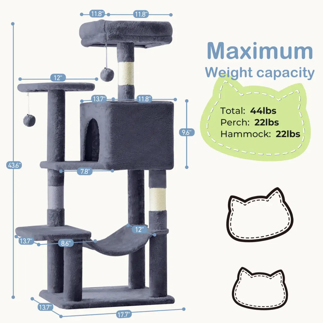 Gray plush 44 inch multi-level cat tree tower with sisal scratching posts and a hammock for feline climbing and resting.