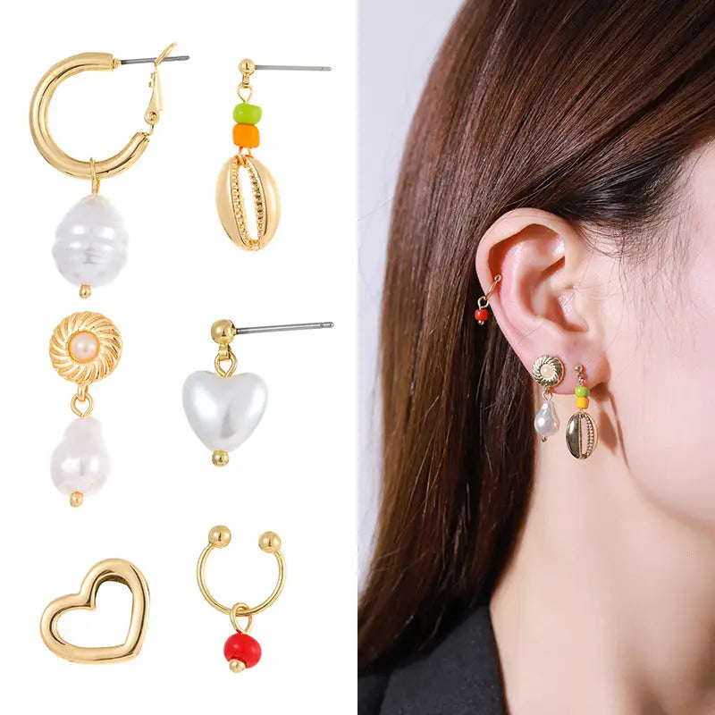 gold-toned shell and pearl drop earrings with colorful bead accents from the layered gold butterfly and pearl jewelry set for women.