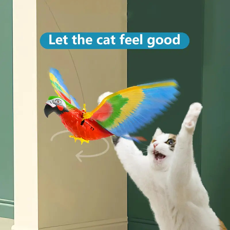 A vibrant multicolored parrot-shaped interactive flying bird cat toy with red blue green and yellow feathers designed for hanging play.
