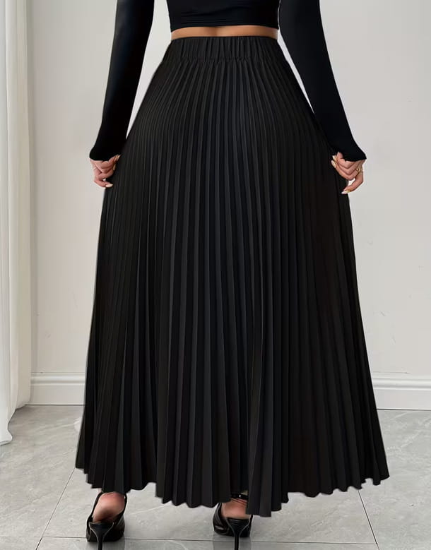 Black pleated midi skirt with a high-waisted a-line design and smooth flowing fabric featuring a belt.