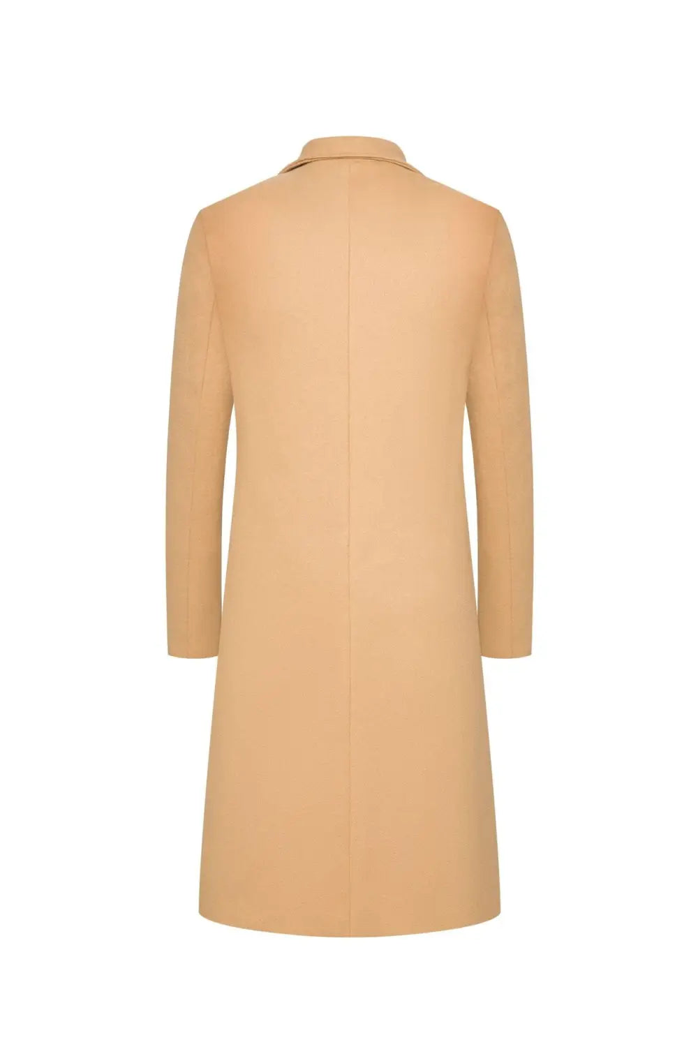 Beige wool trench coat for men with a classic collar and straight-cut silhouette mid length thick winter jacket.