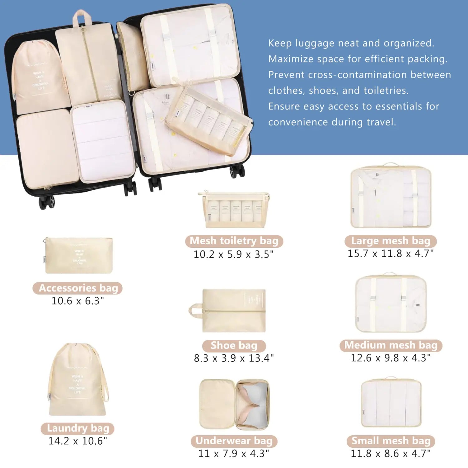 beige mesh luggage organizer set with multiple compartments for efficient travel packing included in inky blue 12 piece abs hardshell luggage set with spinner wheels