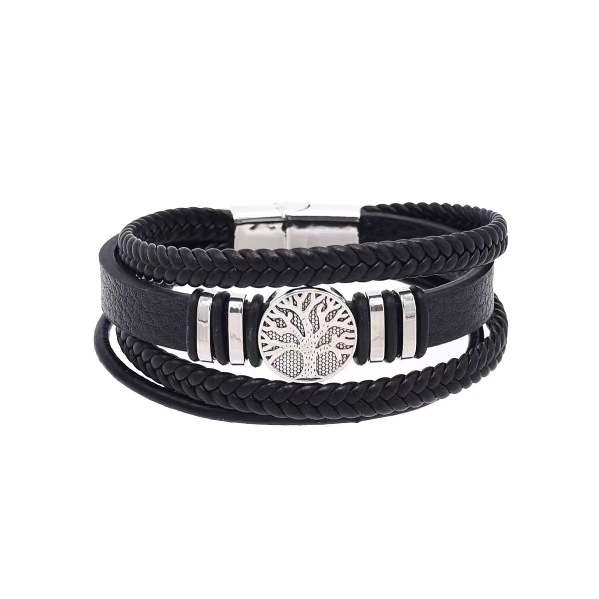 Bracelet multi-brins en cuir tressé noir pour hommes, avec un charme représentant un arbre de vie à l’aspect argenté et des accents métalliques.