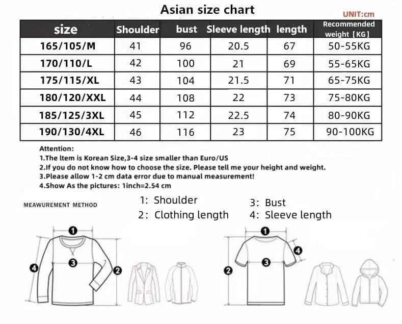 Asian size chart for men’s textured ice silk contrast trim long-sleeved polo shirt showing measurements in centimeters and recommended weight ranges.