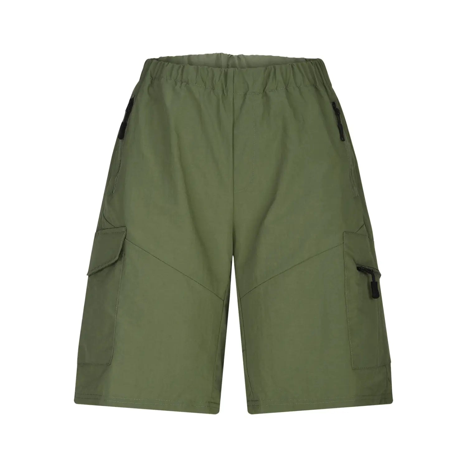 Short cargo athlétique pour hommes à jambe droite couleur vert olive, avec plusieurs poches à fermeture éclair et un tissu résistant pour les activités en plein air.