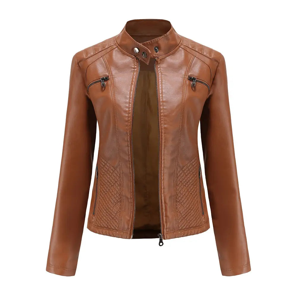 Hellbraune Faux-Leder-Motorradjacke mit Stepp-Paneling und silberfarbenen Reißverschlüssen im Slim-Fit-Design für Oberbekleidung.