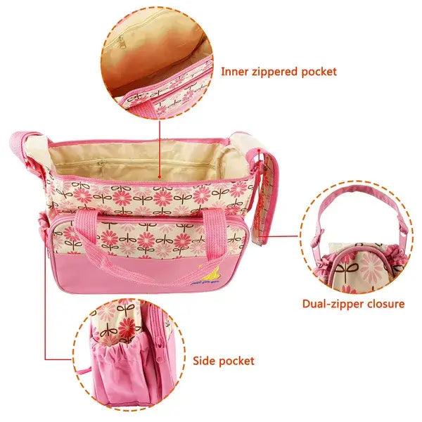 pink floral-patterned baby changing bag with dual-zipper closure and side pocket from the 5 piece bear appliqué baby diaper travel bag set designed for convenient diaper storage and travel use