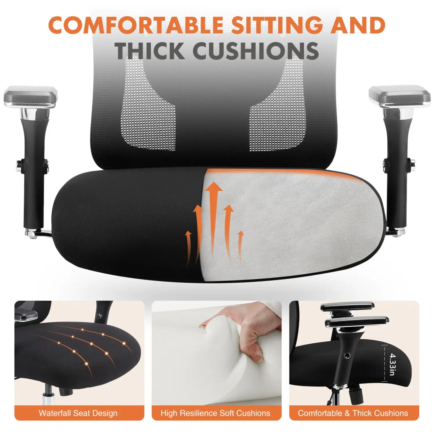 Black and white big and tall office chair with mesh back, thick cushions, and adjustable armrests designed for ergonomic seating with a 500lb capacity