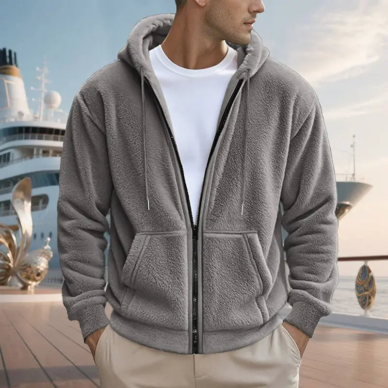 Men’s fleece lined loose zip up hooded jacket in gray with fleece lining, plush texture, and matching drawstrings.