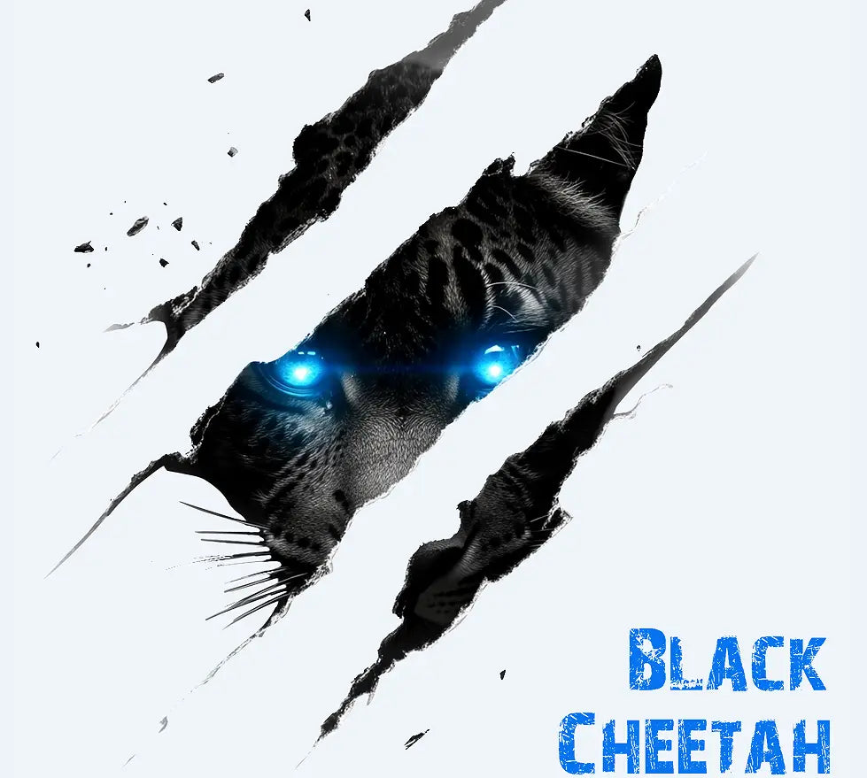 black cheetah with glowing blue eyes peeking through torn paper design on a men casual polyester cheetah graphic trucker hat.