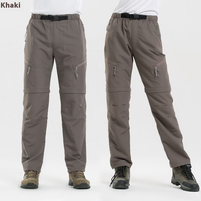 Khaki-colored convertible tactical hiking pants with multiple cargo pockets and zipper details designed for outdoor use.
